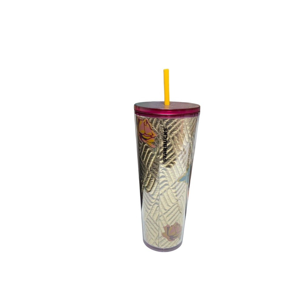 Starbucks Gold Quilted Foil Rose Tumbler w‎ Straw Cold Cup 24 oz Fall 2020